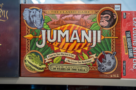 Close up of Jumanji board game box on shelf. Toronto, Canada - December 3, 2025.