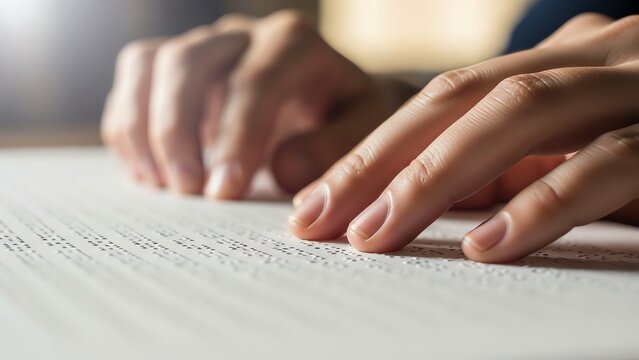 Hands reading braille text on paper