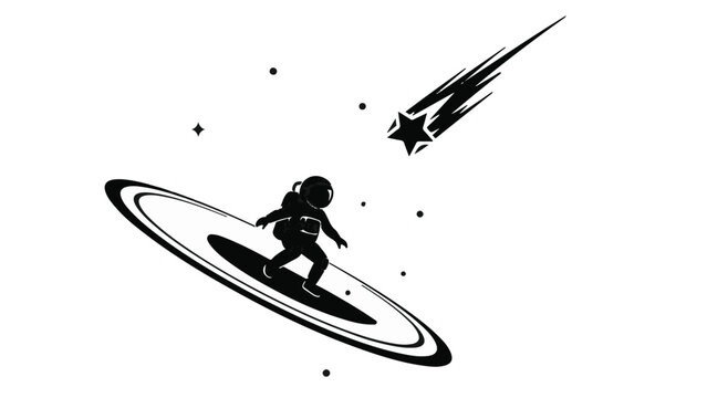 Astronaut surfs a cosmic wave under a shooting star in outer space.