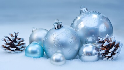 Silver and Blue Christmas Ornaments and Snow-Dusted Pine Cones in the Snow