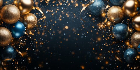 Holiday background with golden and blue metallic balloons, confetti and ribbons. Festive card for birthday party, anniversary, new year, christmas or other events, Generative AI