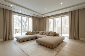 Beige corner daybed sofa against windows in room with high ceiling. Minimalist home interior design of modern living room, Generative AI