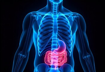 Detailed 3D anatomical illustration of human digestive system and skeleton, featuring glowing stomach, intestines, spine, ribs, and torso, ideal for medical, educational, and healthcare purposes.