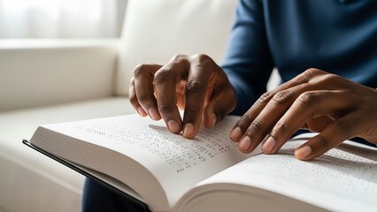 Man reading braille book indoors