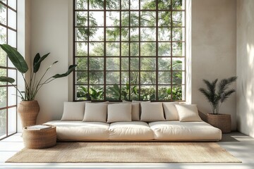 Beige corner daybed sofa against windows in room with high ceiling. Minimalist home interior design of modern living room, Generative AI