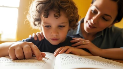 Mother and child reading braille book together