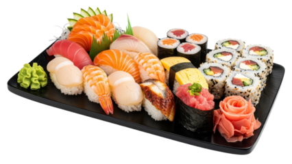 Exquisite sushi platter adorned with colorful assortment and fresh ingredients, showcasing japanese culinary artistry for a delightful dining