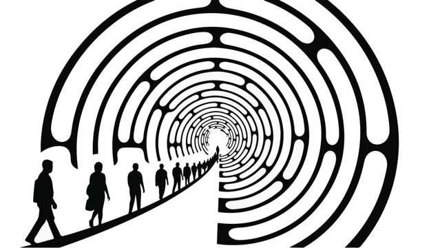 Silhouetted figures walk a path towards a distant light within a stylized maze.