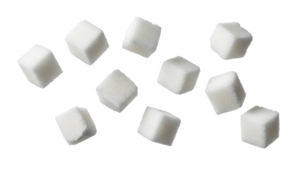 Floating sweetness: Minimalist arrangement of sugar cubes creating abstract geometric patterns against a pristine white background