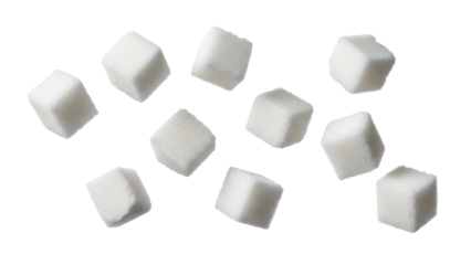 Floating sweetness: Minimalist arrangement of sugar cubes creating abstract geometric patterns against a pristine white background