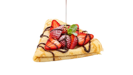 Delicate crepe adorned with fresh strawberries, a drizzle of luscious chocolate, and a sprinkle of powdered sugar, embodying an indulgent dessert