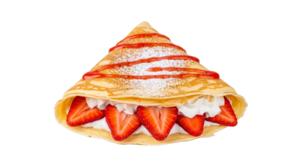 Strawberry crepe with whipped cream and red syrup, a delightful dessert presented on a white background, ideal for culinary themes