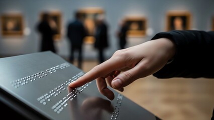Hand touching Braille display in art museum