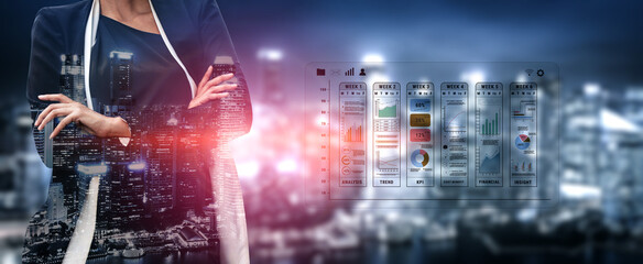 A weekly business performance report and analytics dashboard. A concept for tracking trends, KPIs, financial data, and insights over time. Motif