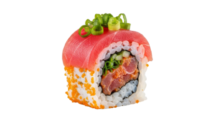 Artistic presentation of a delectable sushi roll with tuna, tobiko, and garnish isolated against a clean white background showcasing culinary