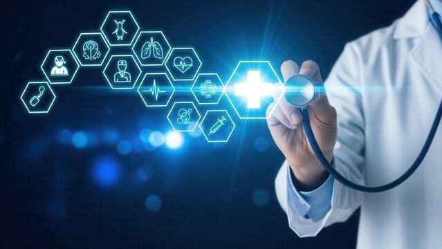 Doctor holding stethoscope with digital healthcare network and medical icons