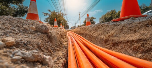 The Orange Conduit Cables Laid in a Trench for Fiber Network Installation