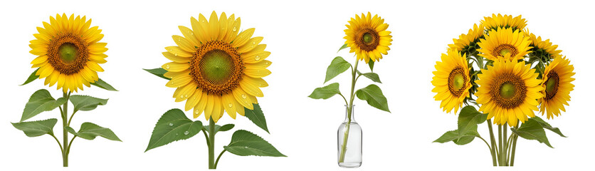 Naklejka premium A collection of four sunflower arrangements with varying quantities and presentation styles shown clearly on transparent background