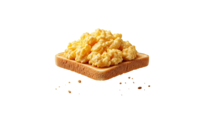 Perfectly simple breakfast toast showcasing a generous portion of scrambled eggs against a clean white backdrop, emphasizing culinary delight