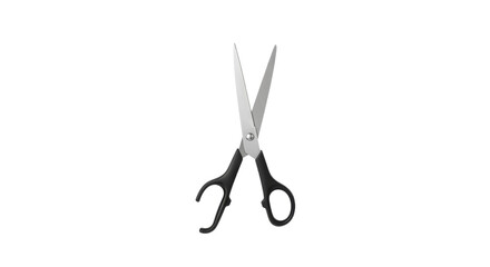 Elegant minimalist studio shot of black handled scissors with precise silver blades and soft drop shadow on pure white background