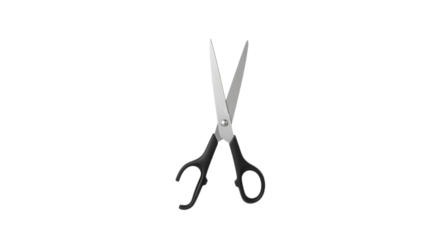 Elegant minimalist studio shot of black handled scissors with precise silver blades and soft drop shadow on pure white background