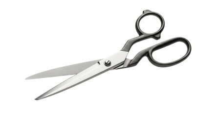 Isolated precision: High-angle shot of sharp silver scissors with ergonomic black handles for crafts and tailoring work on a plain white background
