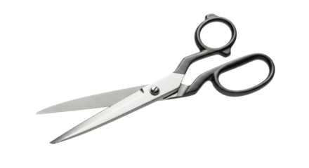 Isolated precision: High-angle shot of sharp silver scissors with ergonomic black handles for crafts and tailoring work on a plain white background