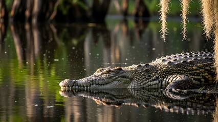 A crocodile resting near the edge of a calm swamp
