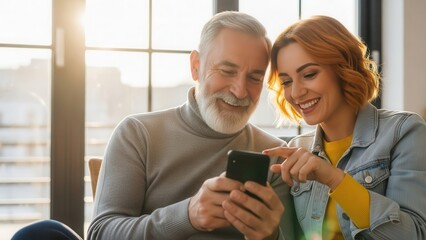Happy older man and young woman share joyful smartphone moment at home together