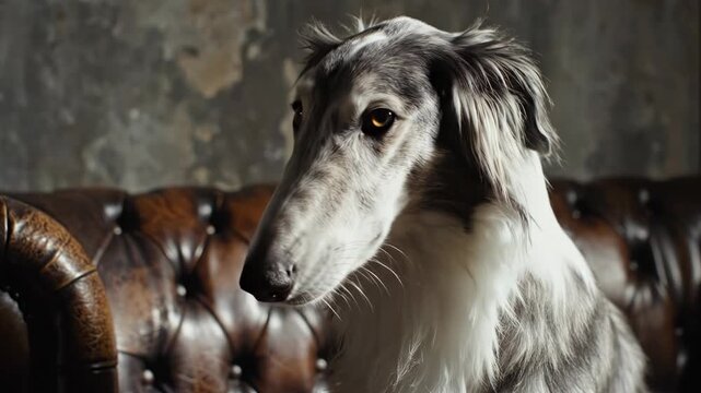 Close up portrait of a majestic borzoi dog with long flowing hair sitting on a vintage brown leather chesterfield sofa indoors