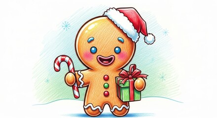 Fototapeta premium Cheerful Cartoon Gingerbread Character with Christmas Gifts and Decorations