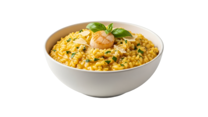 Elevated saffron risotto with seared scallops presented in a pristine white bowl, garnished with fresh basil and parmesan crisps on a stark white