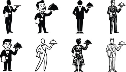 Black and white line art vector collection of professional barbers cutting and styling client hair, illustrating manual trades, salon services, and grooming careers.