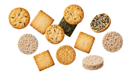 A delightful aerial view featuring an assortment of Japanese rice crackers arranged on a stark white backdrop creates a visually appetizing