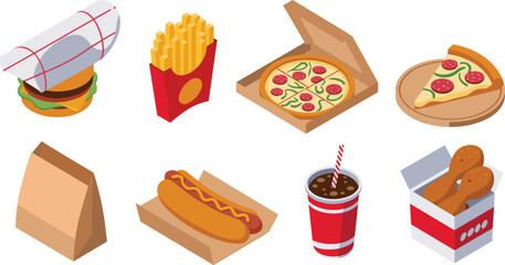 Isometric fast food illustration set with burger, fries, pizza box, hot dog, soda cup, paper bag, and fried chicken