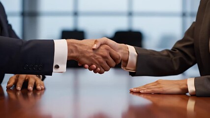 Business professionals shaking hands in an office setting on a wooden table