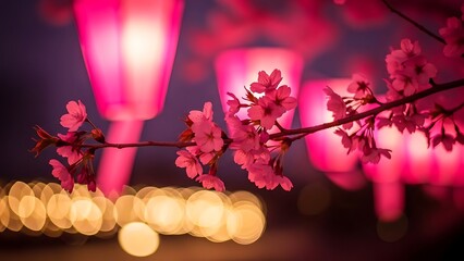 Vibrant Pink Cherry Blossom Branch with Illuminated Lanterns and Bokeh Lights in a Festive Night Scene