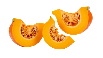 Vibrant trio of pumpkin slices showcasing autumnal hues and textured seeds against a pristine backdrop, perfect for seasonal designs