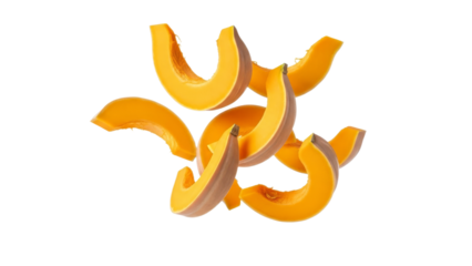 Floating pumpkin segments create a vibrant still life on pure white, inviting culinary creations and autumn's warm glow with an ethereal quality