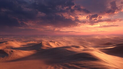 Desert Dusk: Capturing the vast, undulating dunes under a dramatic sky painted with the fiery hues of sunset, revealing nature's stark beauty.
