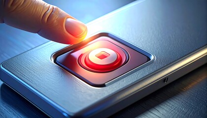 Close-up view depicts a fingertip about to press a glowing red button. The button's surface is smooth and recessed in metallic panel