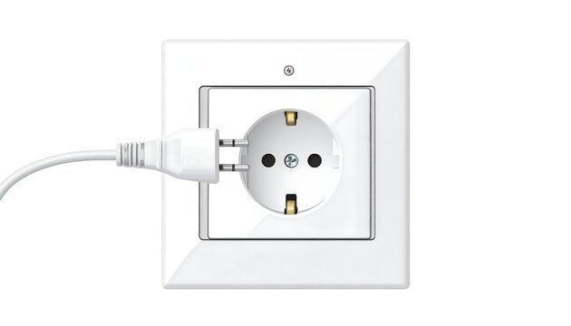 Close-up view of a standard European-style electrical outlet, featuring a white plug inserted and a small indicator light. The backdrop is plain white