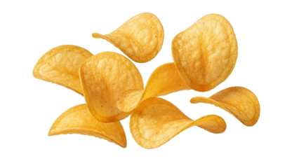 Crispy temptation: A delightful presentation of golden potato chips on a clean white background inviting viewers to indulge in a savory snack moment