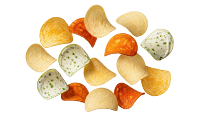 Assorted Flavored Potato Chips on White Backdrop Offering a Range of Savory Snack Choices Displayed Prominently Against a Plain White Background