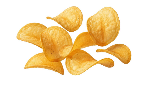 Crispy temptation: A delightful presentation of golden potato chips on a clean white background inviting viewers to indulge in a savory snack moment