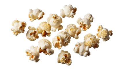 Elevated view showcasing fluffy popcorn pieces scattered on a seamless white backdrop creating a inviting composition