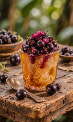 Glass of refreshing jabuticaba, an exotic and unique Brazilian berry that grows directly on the tree trunk, served on a rustic wooden table with a natural green background.