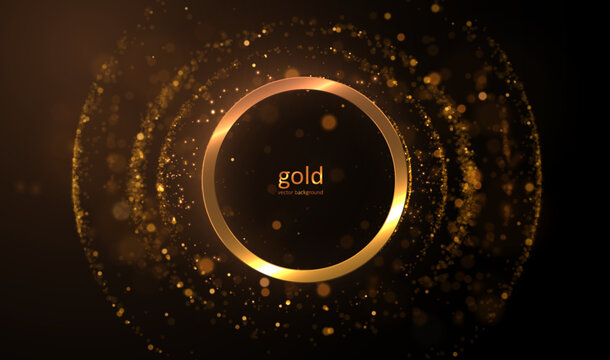 Burning golden glowing bokeh spiral particles luxury vector effect. Dramatic light background for glamorous events. Perfect wedding invitation and festive decoration concept.