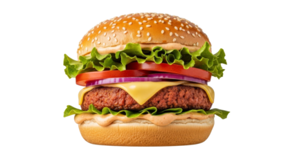 Delectable plant-based burger stack with fresh vegetables and flavorful sesame bun isolated against a plain backdrop
