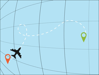 Navigational Flight Path: An airplane traces its journey across a stylized world map, marked by a dotted flight path and location markers indicating the origin and destination of the trip.